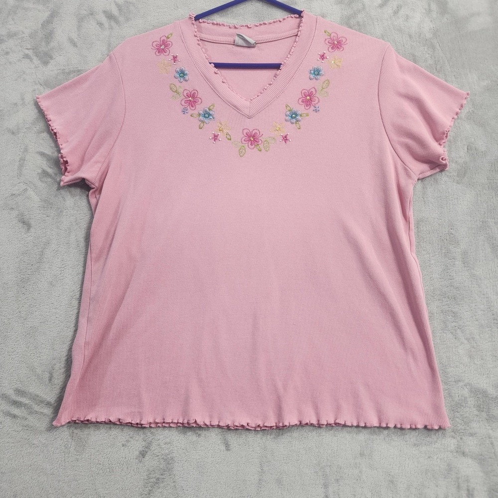Vintage Haband Top Womens L Pink Embroidered V-Neck Ruffle Trim Stretch Rib Knit
